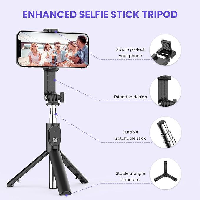 Wireless Selfie Stick with Fill Light and Tripod Base, 43.3 Inch Extension