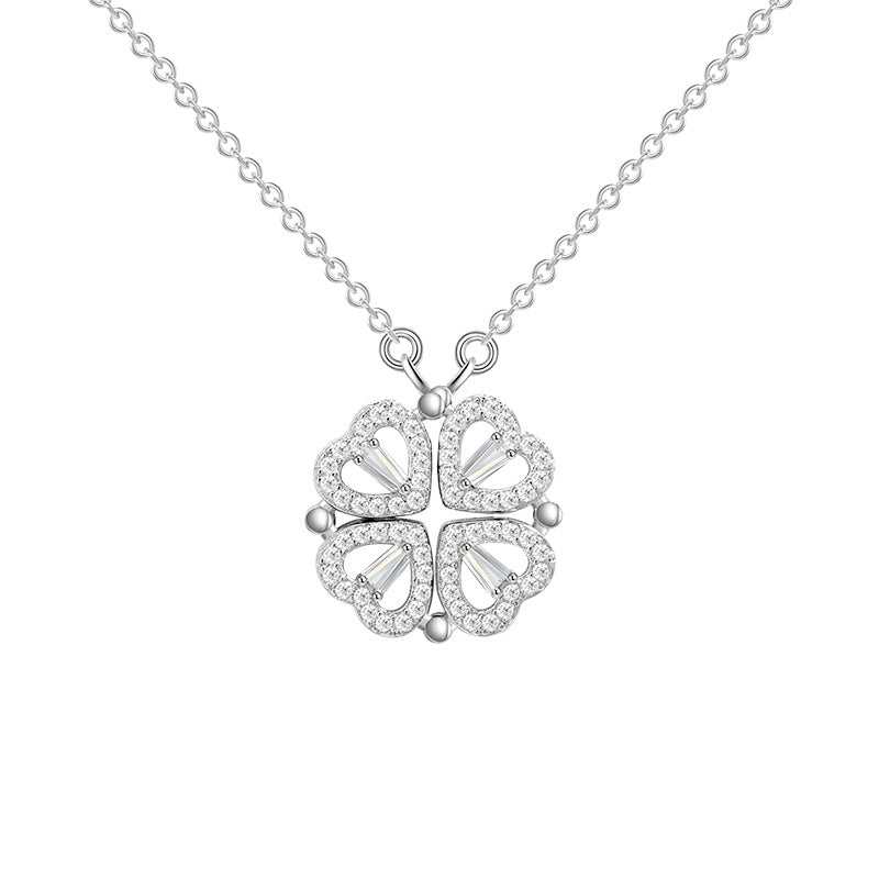 Four Heart Clover Pendant Necklace with Preserved Roses and Gift Box