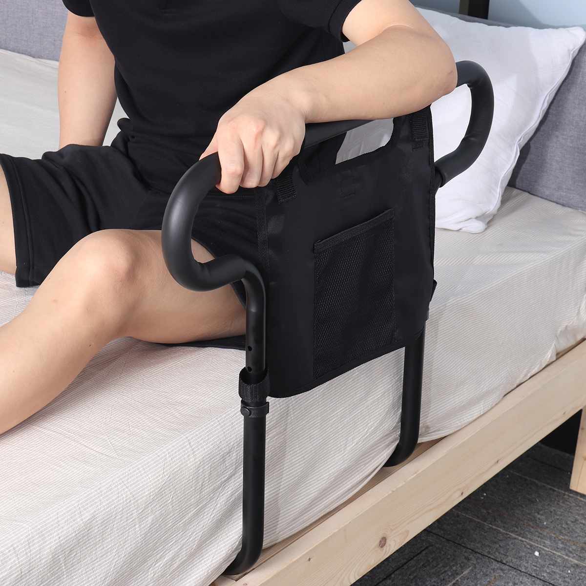 Bed Rail with Storage Pouch and 136kg Capacity, Aluminum Alloy Frame