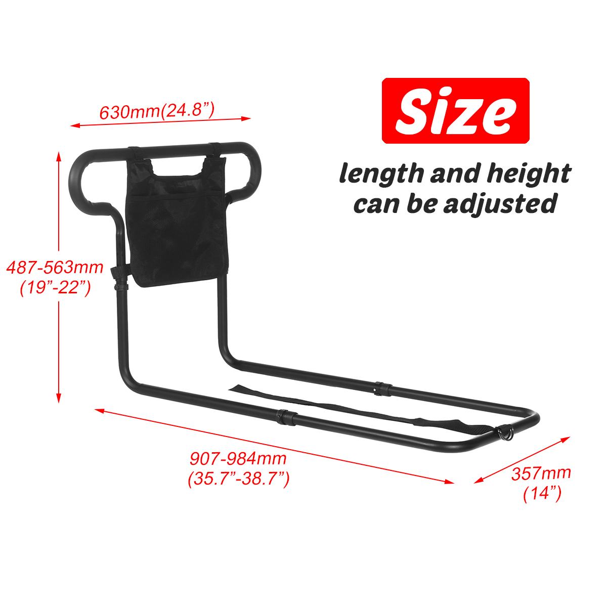 Bed Rail with Storage Pouch and 136kg Capacity, Aluminum Alloy Frame