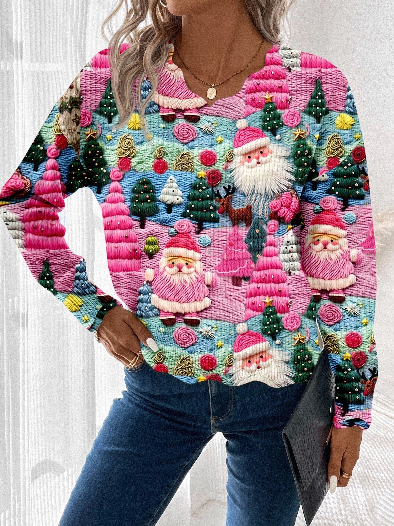 Womens Pullover Sweater with Multicolor Christmas Pattern and Scalloped Hem Detail