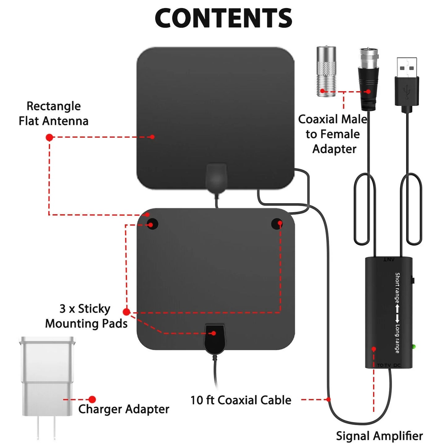 Indoor HDTV Antenna with 37dB Signal Amplifier and 10ft Cable