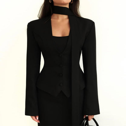 Women's Long Sleeve Blazer with Attached Scarf and Tailored Fit, Single-Breasted