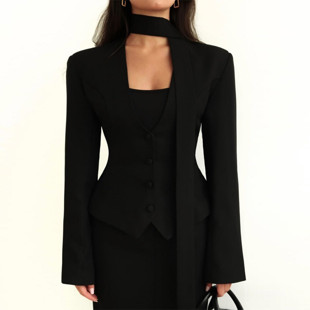 Women's Long Sleeve Blazer with Attached Scarf and Tailored Fit, Single-Breasted