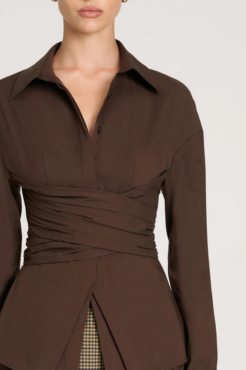 Draped Waist Shirt with Featherlight Fluid Fabric and Tailored Shape, Long Sleeve