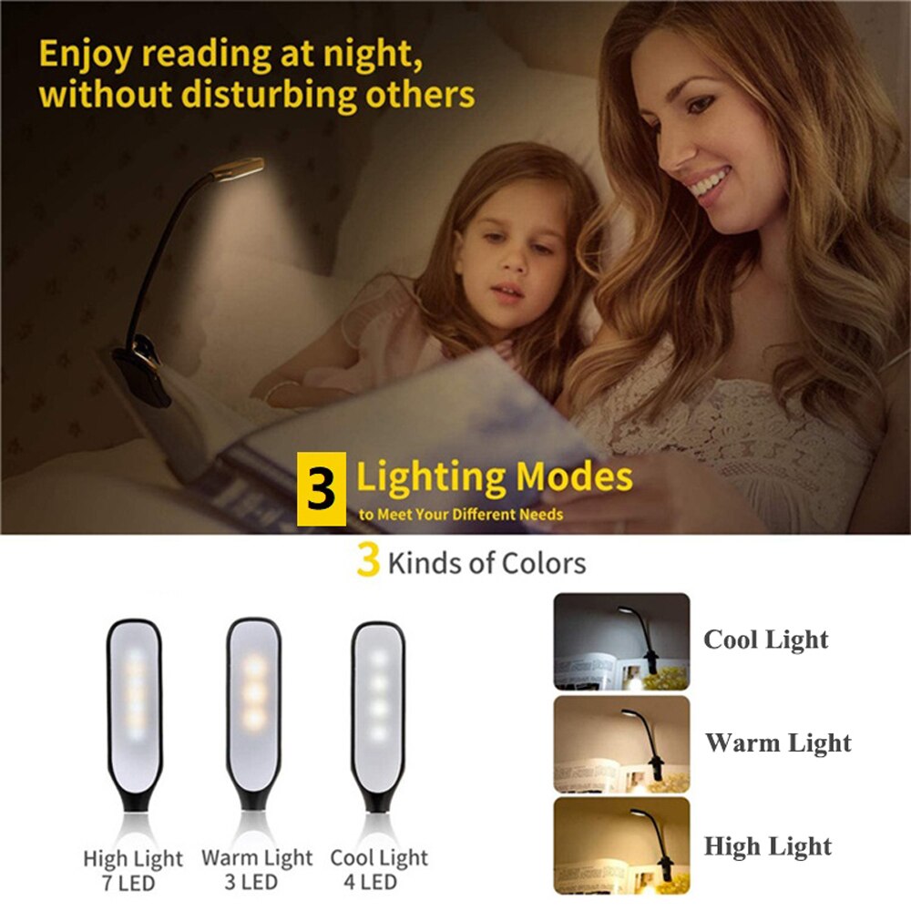 Clip-On Reading Light with Book Clamp and Adjustable Color Temperature, USB Rechargeable