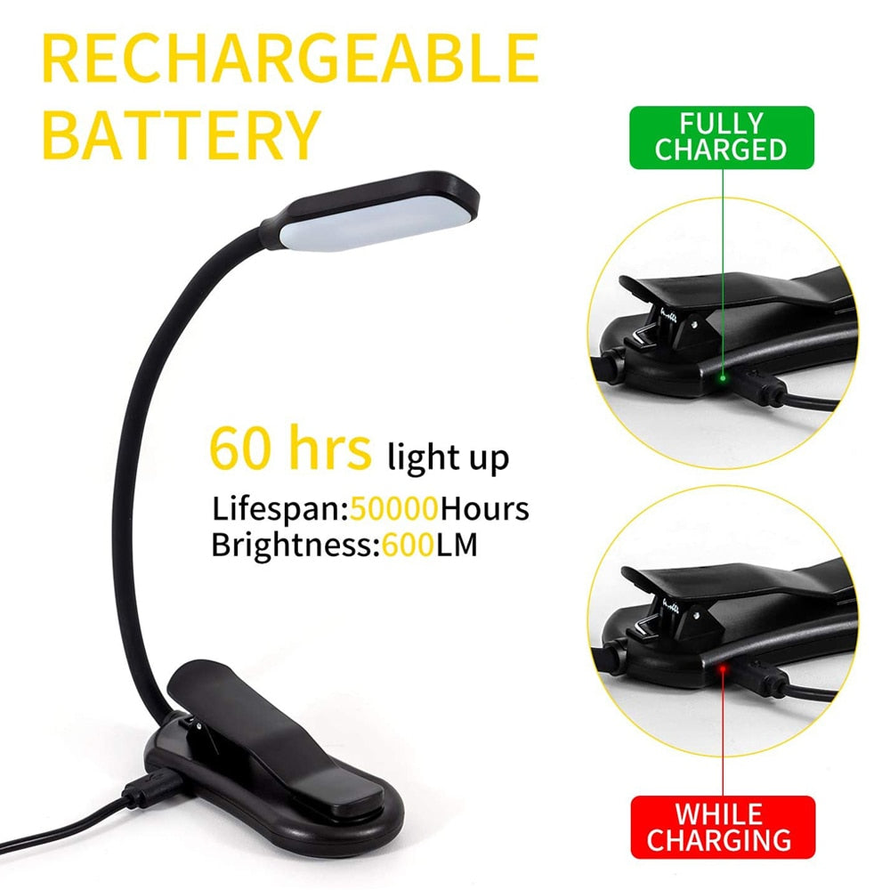 Clip-On Reading Light with Book Clamp and Adjustable Color Temperature, USB Rechargeable