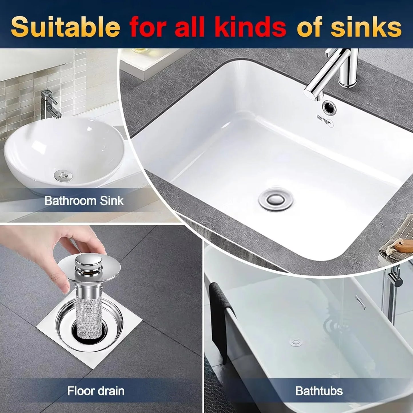 Pop-Up Sink Drain Stopper, Built-In Hair Catcher for Bathroom and Kitchen Sinks