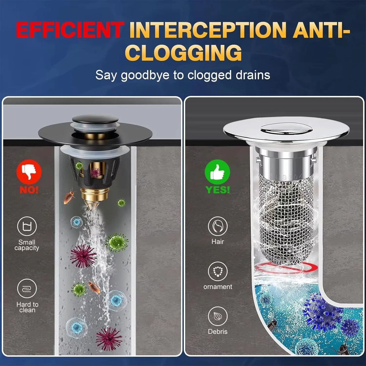 Pop-Up Sink Drain Stopper, Built-In Hair Catcher for Bathroom and Kitchen Sinks