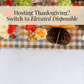 A Thanksgiving table setting featuring Amber Harvest: Thanksgiving Table for 16, with checkered linens, orange and green floral centerpieces, decorative paper pumpkins, designer disposable plates, and text reading Hosting Thanksgiving? Switch to Elevated Disposable.