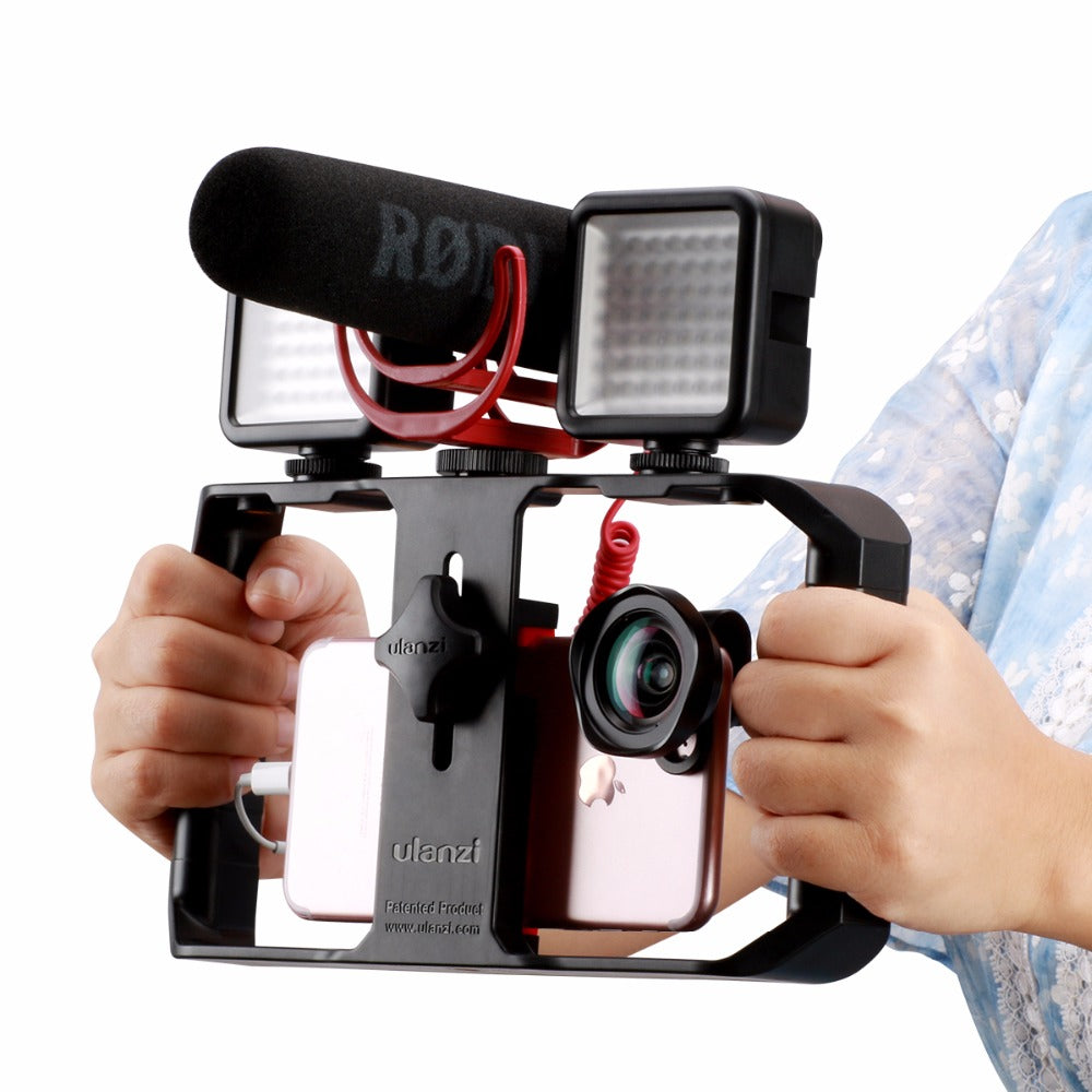 Mobile Phone Video Cage with Three Cold Shoe Mounts and Ergonomic Handle