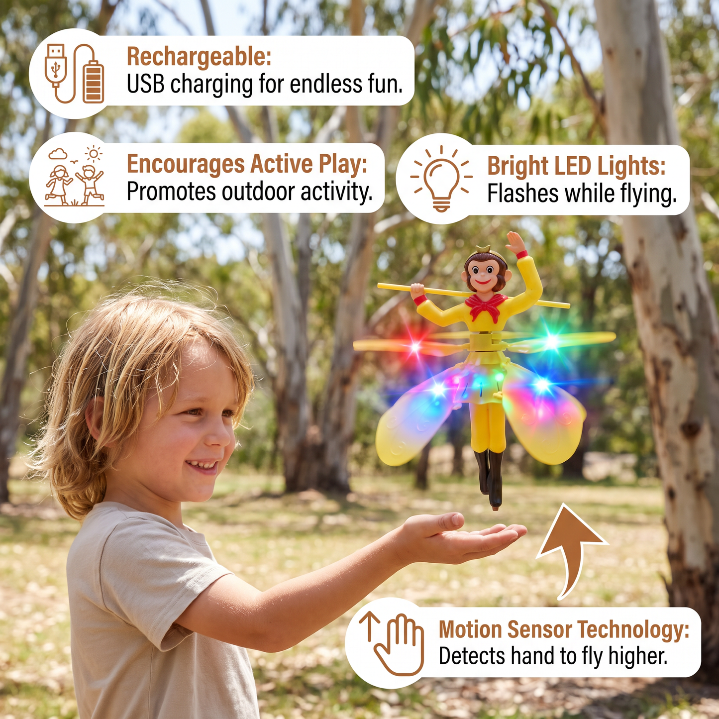 Floating Monkey Toy with Motion Sensor and LED Lights for Indoor Play