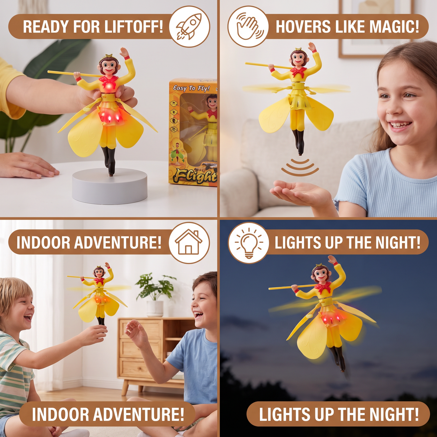 Floating Monkey Toy with Motion Sensor and LED Lights for Indoor Play