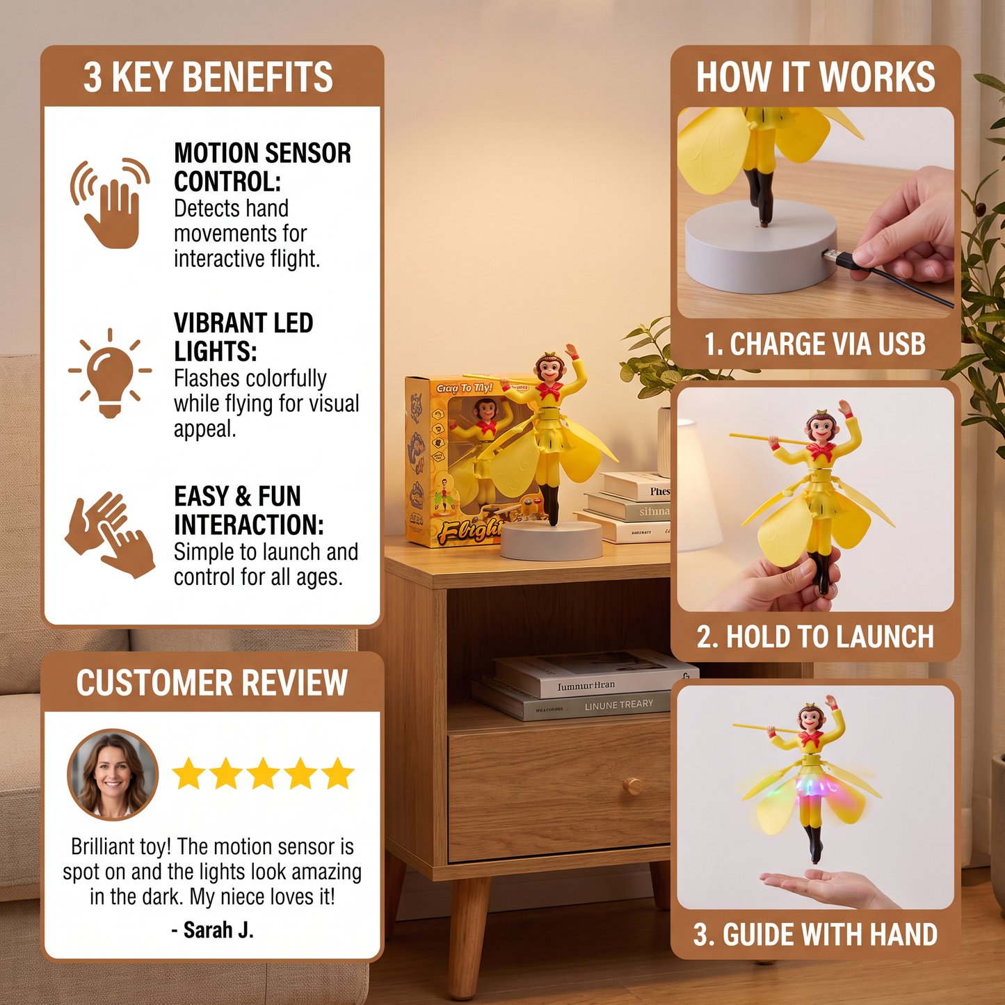 Floating Monkey Toy with Motion Sensor and LED Lights for Indoor Play