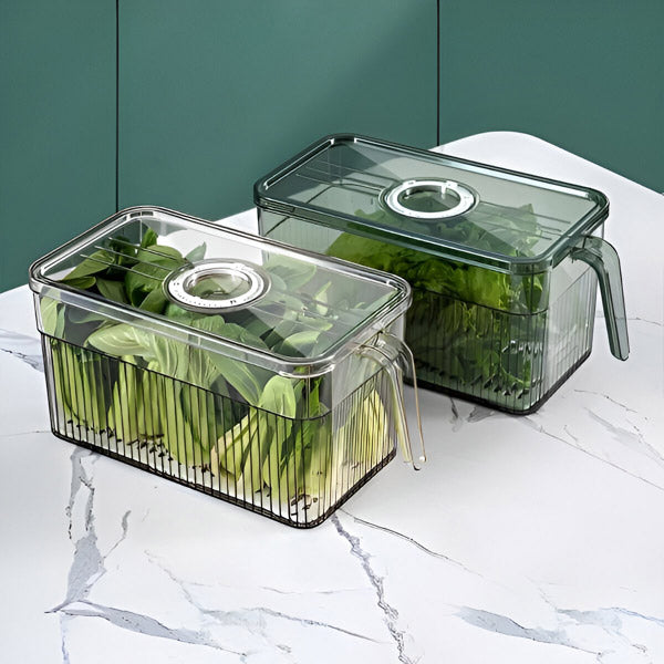 Transparent Refrigerator Storage Box with Ventilated Lid and Stackable Design