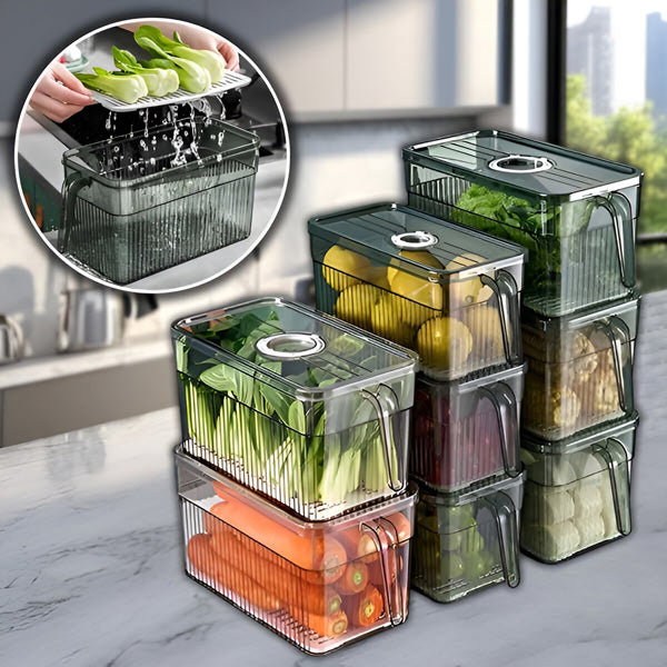Transparent Refrigerator Storage Box with Ventilated Lid and Stackable Design