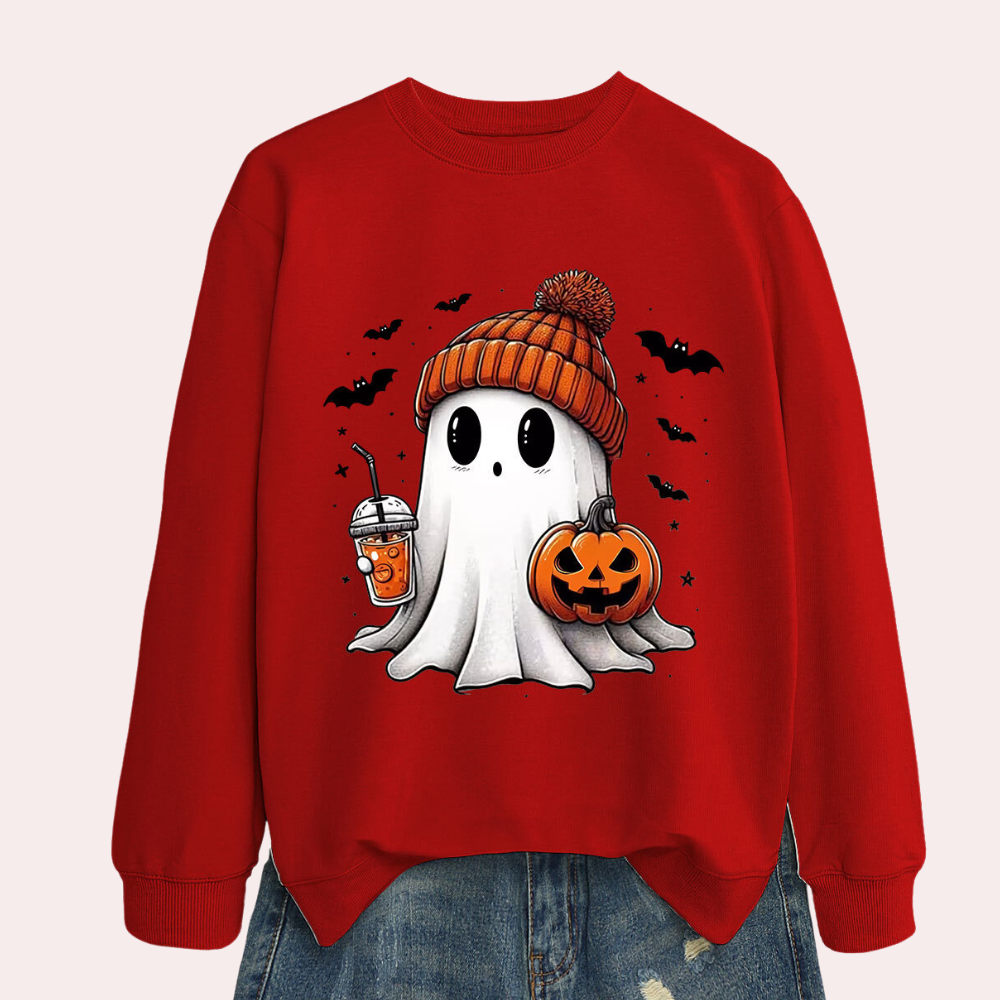 Women's Halloween Sweatshirt with Ghost and Pumpkin Print