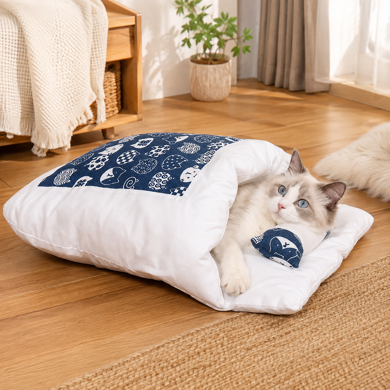 Enclosed Cave Cat Bed with Built-In Pillow and Plush Fabric