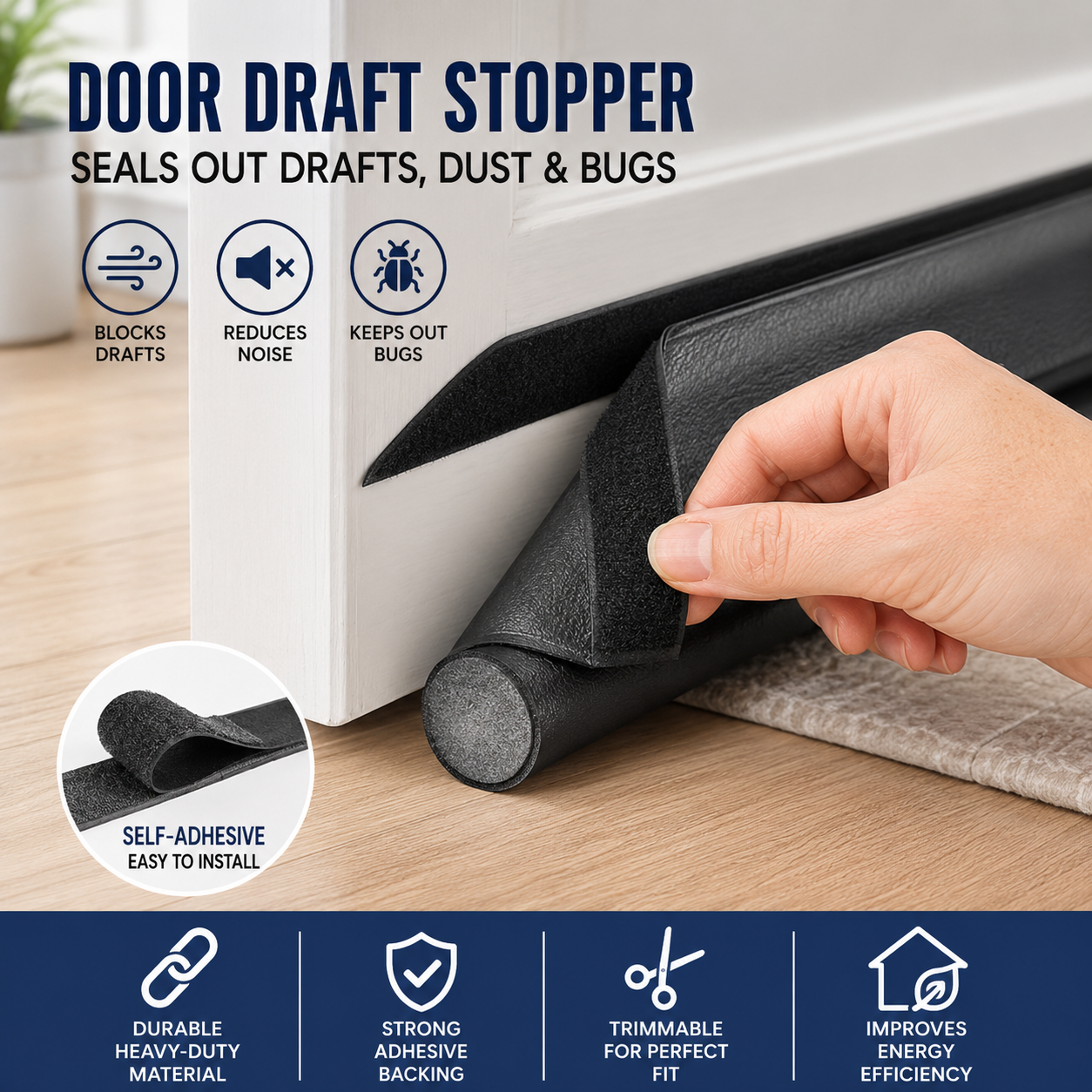 Foam Door Sweep with Rigid Channel and Adhesive Backing for Home Doors