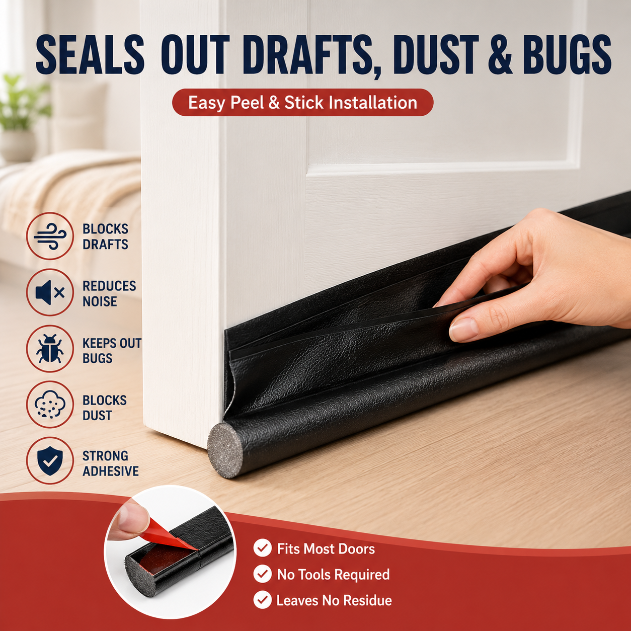 Foam Door Sweep with Rigid Channel and Adhesive Backing for Home Doors