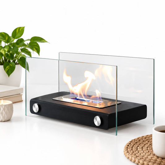 Tabletop Bio Ethanol Fireplace, Portable Rectangular Fire Pit with Dual Glass Wind Guard for Indoor Patio and Balcony