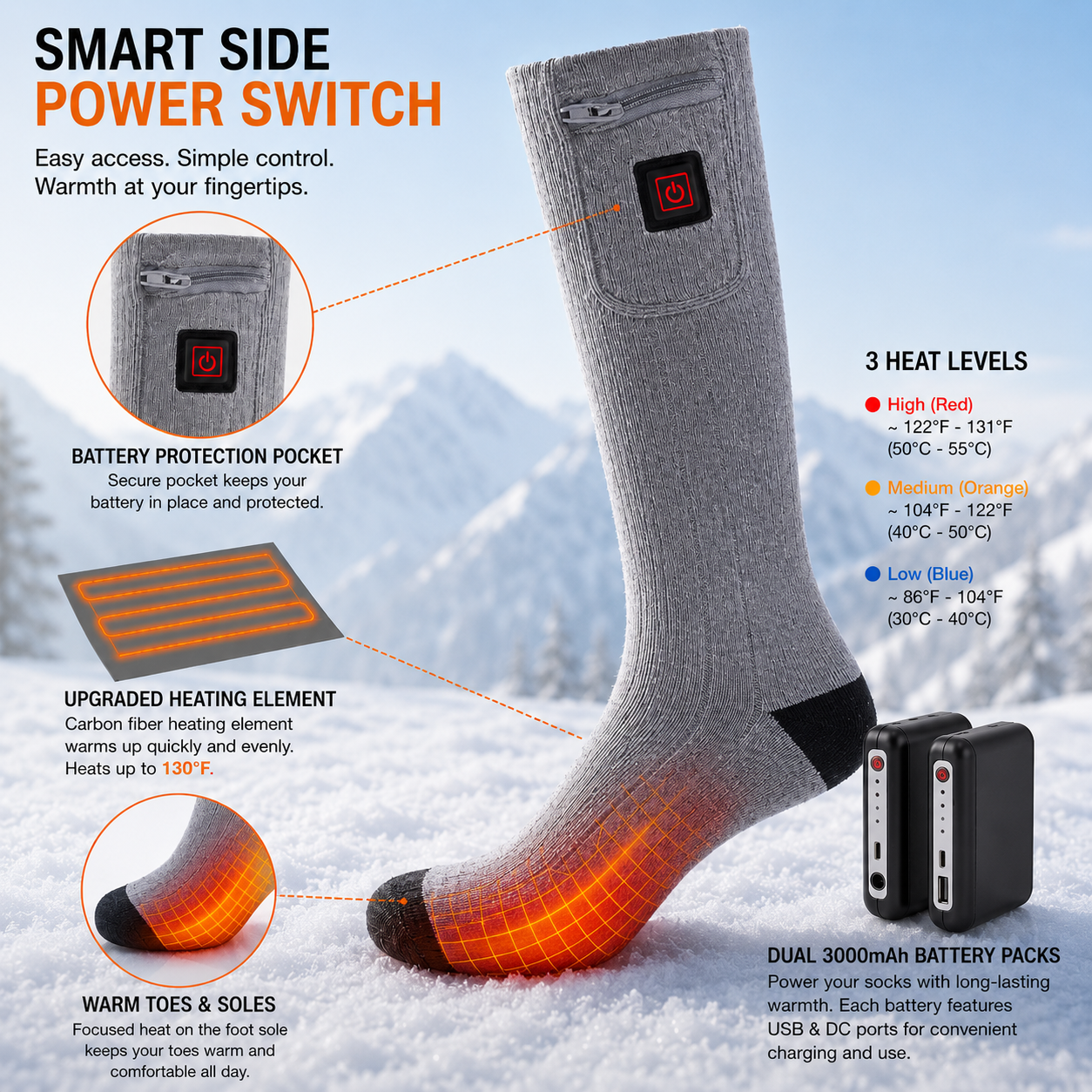 Heated Mid Calf Socks with Carbon Fiber Sole and Three Temperature Settings