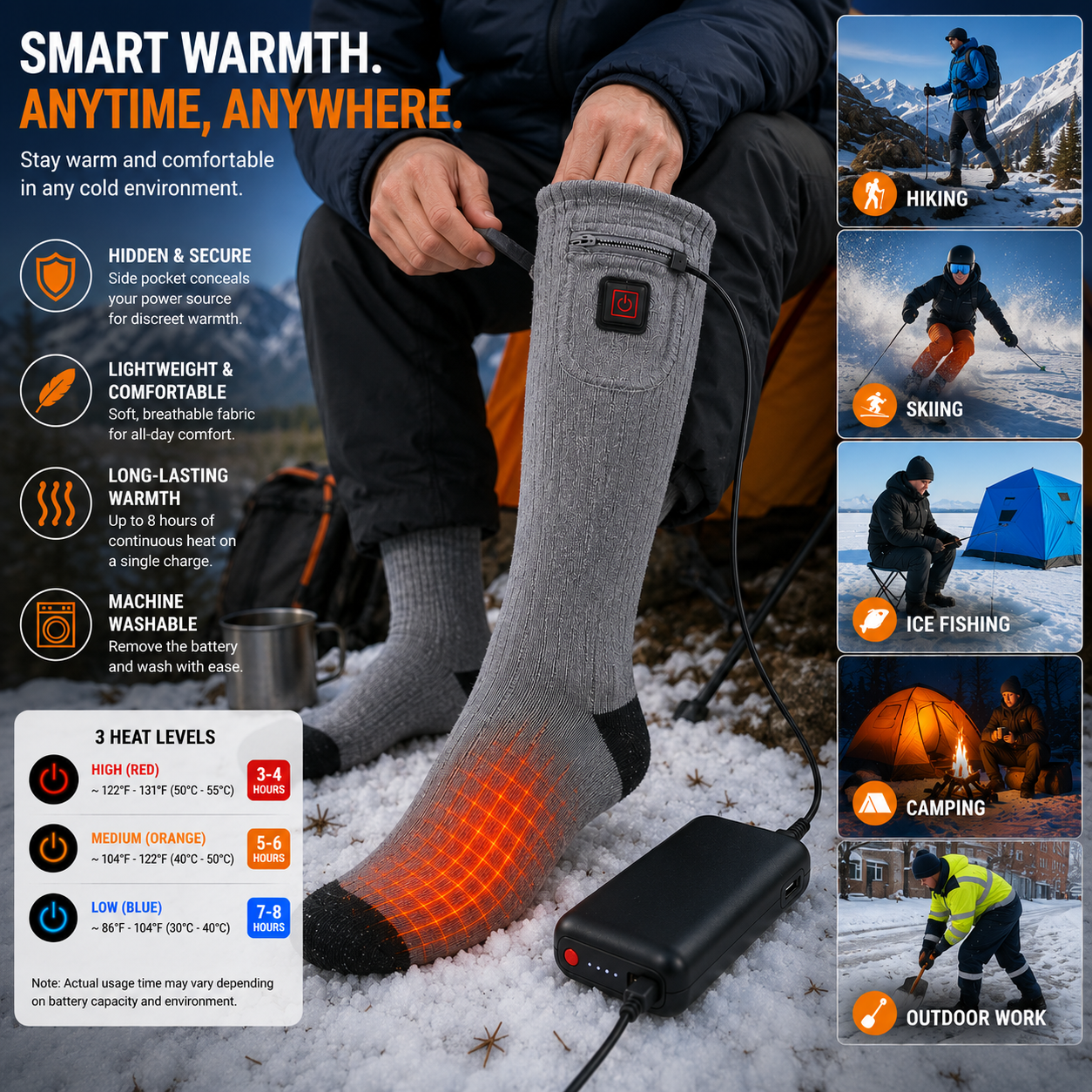 Heated Mid Calf Socks with Carbon Fiber Sole and Three Temperature Settings