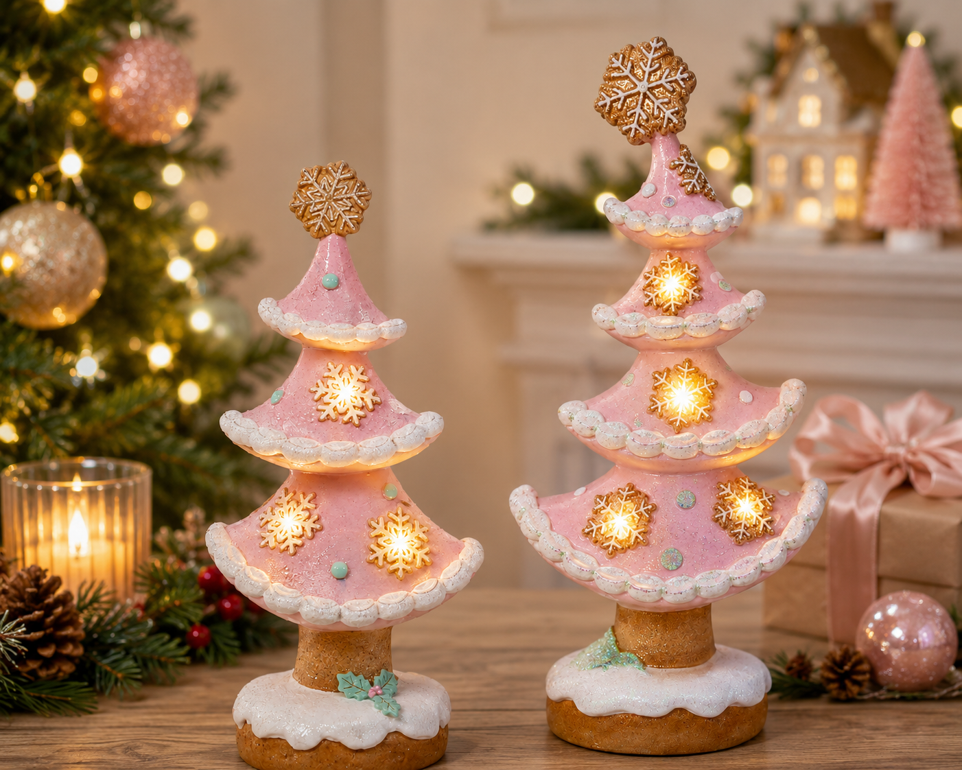Gingerbread Christmas Tree with LED Lights and Pink Resin, 10.8in Tabletop Decoration