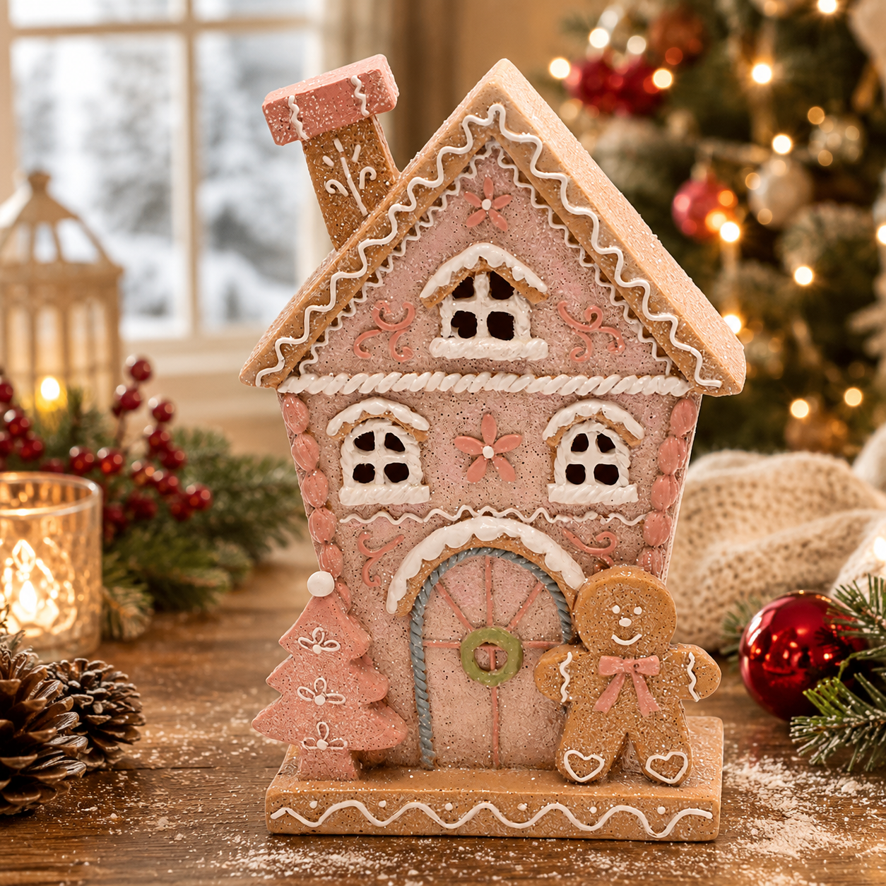 Illuminated Gingerbread House with Pastel Frosting Details and Built In LED