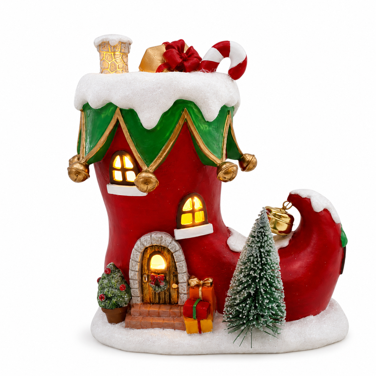 Lighted Resin Boot House with Built-In Window Lighting and Festive Molded Details