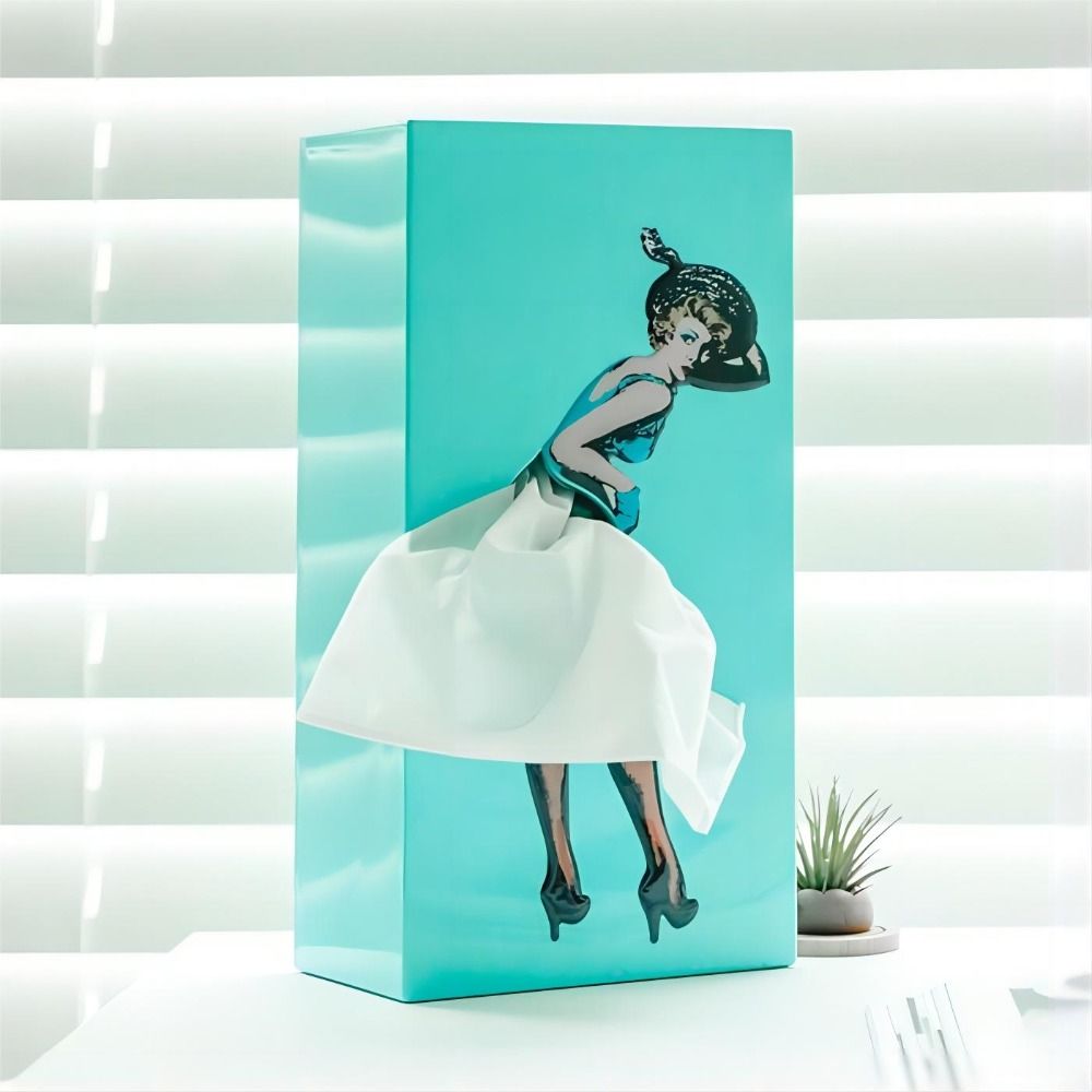 Tissue Box Cover with Billowing Skirt and Removable Weighted Base, Fits Standard Refills