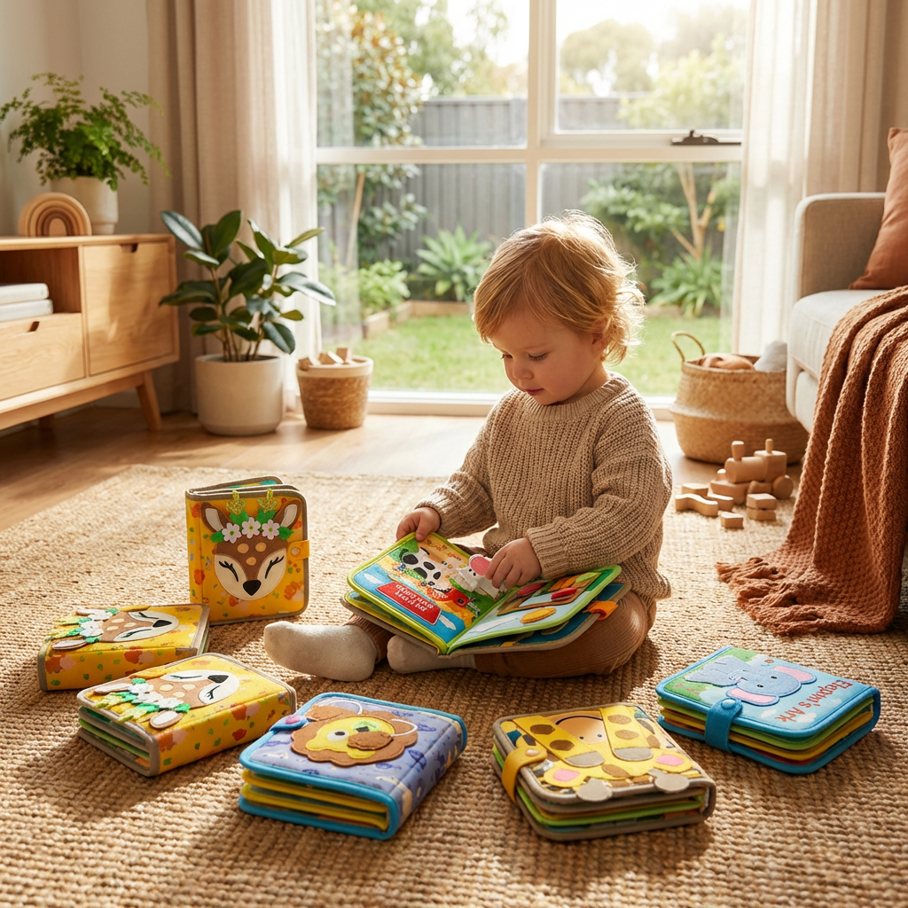Tactile Fabric Activity Book with Interactive Elements and Movable Shapes