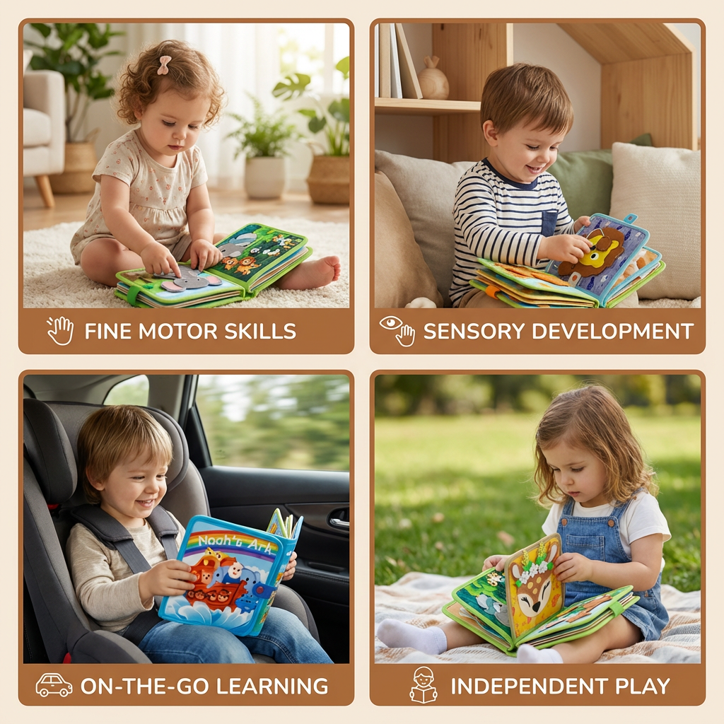 Tactile Fabric Activity Book with Interactive Elements and Movable Shapes