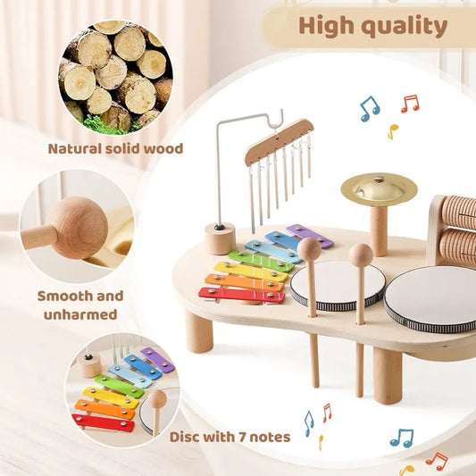 Wooden Toy Drum Set with Xylophone and Maracas for Ages 2-6