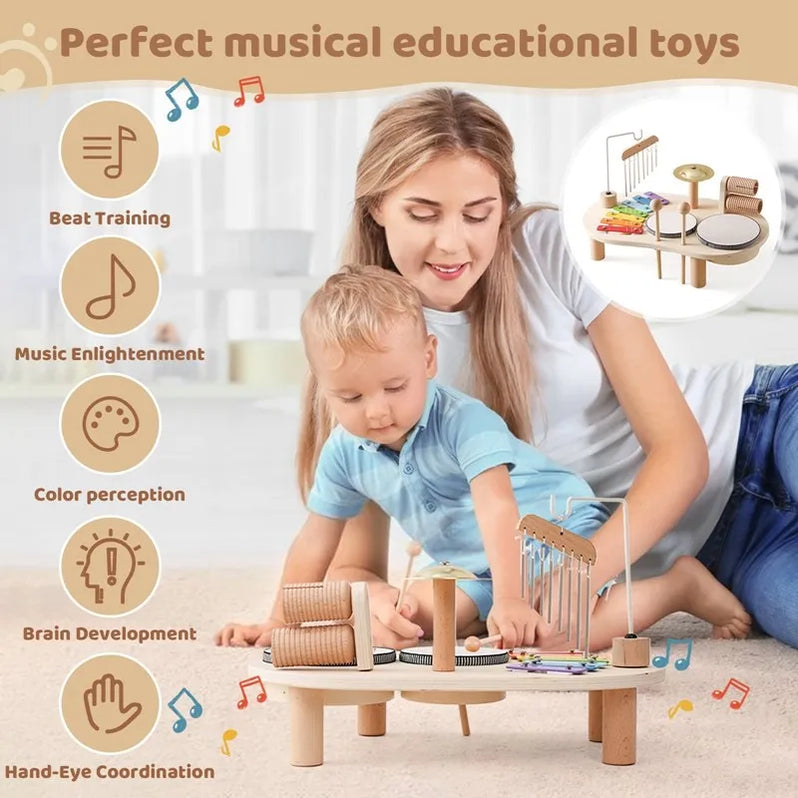 Wooden Toy Drum Set with Xylophone and Maracas for Ages 2-6