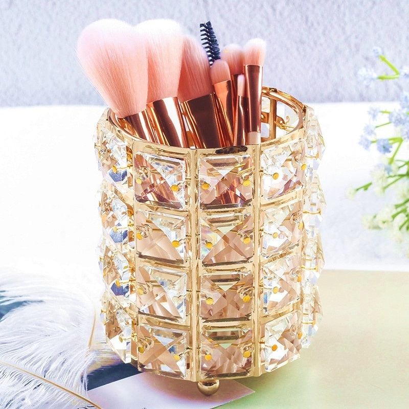 Makeup Brush Holder with Crystal Beads and Stainless Steel Frame, Gold or Silver