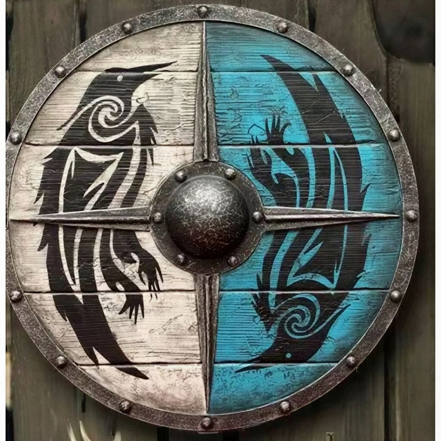 Wooden Viking Shield with Double Raven Design and Battleworn Finish, 12 Inch