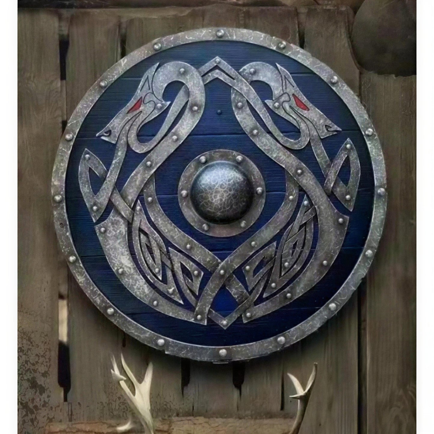 Wooden Viking Shield with Double Raven Design and Battleworn Finish, 12 Inch