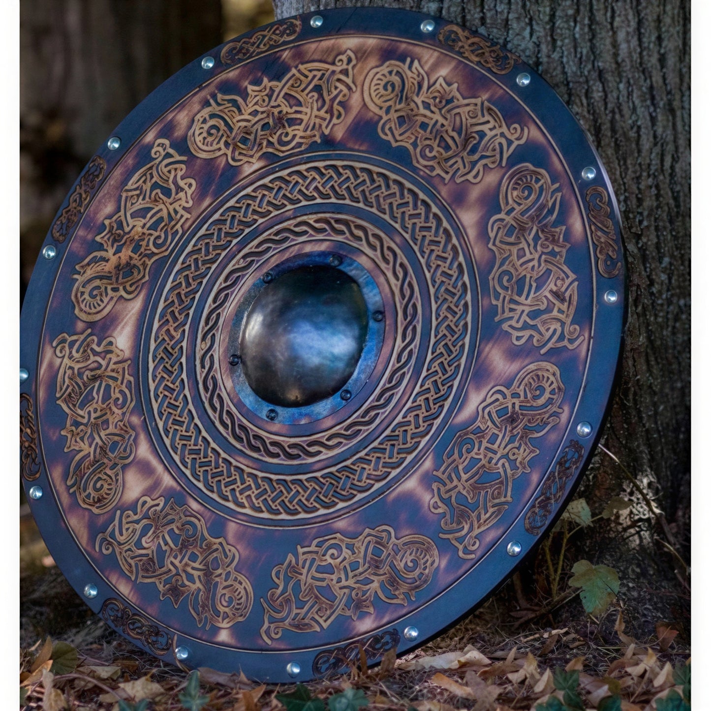 Wooden Viking Shield with Double Raven Design and Battleworn Finish, 12 Inch