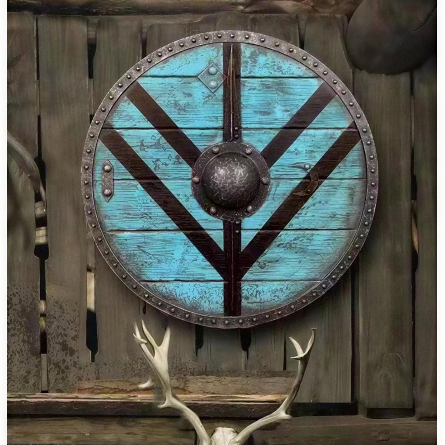 Wooden Viking Shield with Double Raven Design and Battleworn Finish, 12 Inch