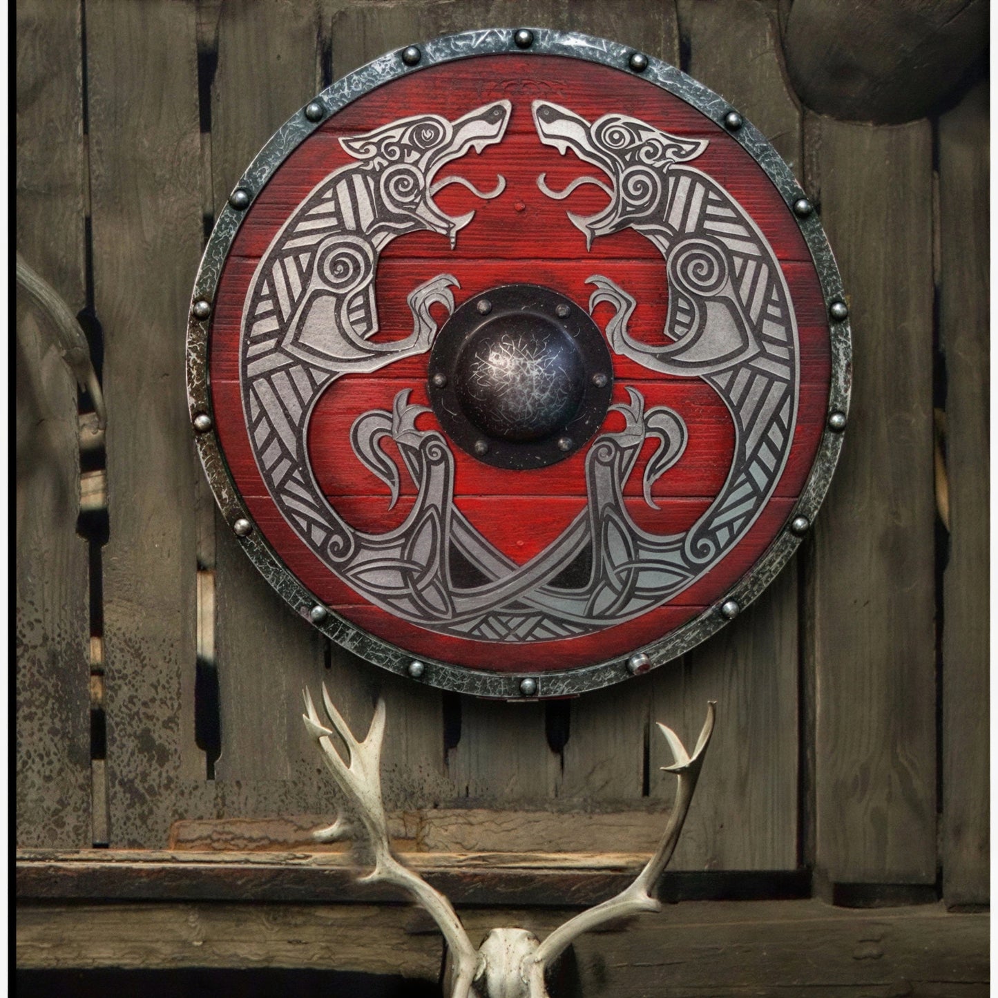 Wooden Viking Shield with Double Raven Design and Battleworn Finish, 12 Inch