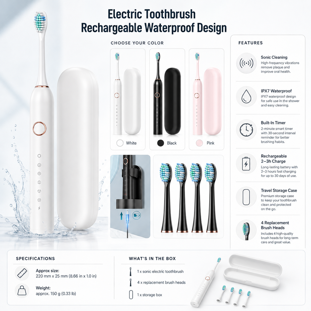 Sonic Electric Toothbrush with Timer and Four Replacement Heads, IPX7 Rated