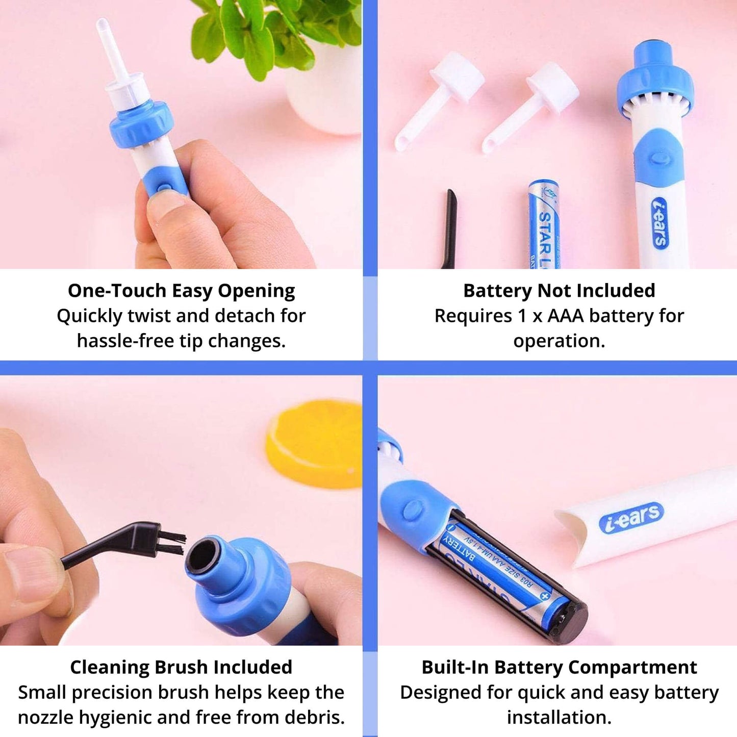 Electric Ear Wax Suction Tool with Medical Grade Silicone Tip and 60-Minute Battery