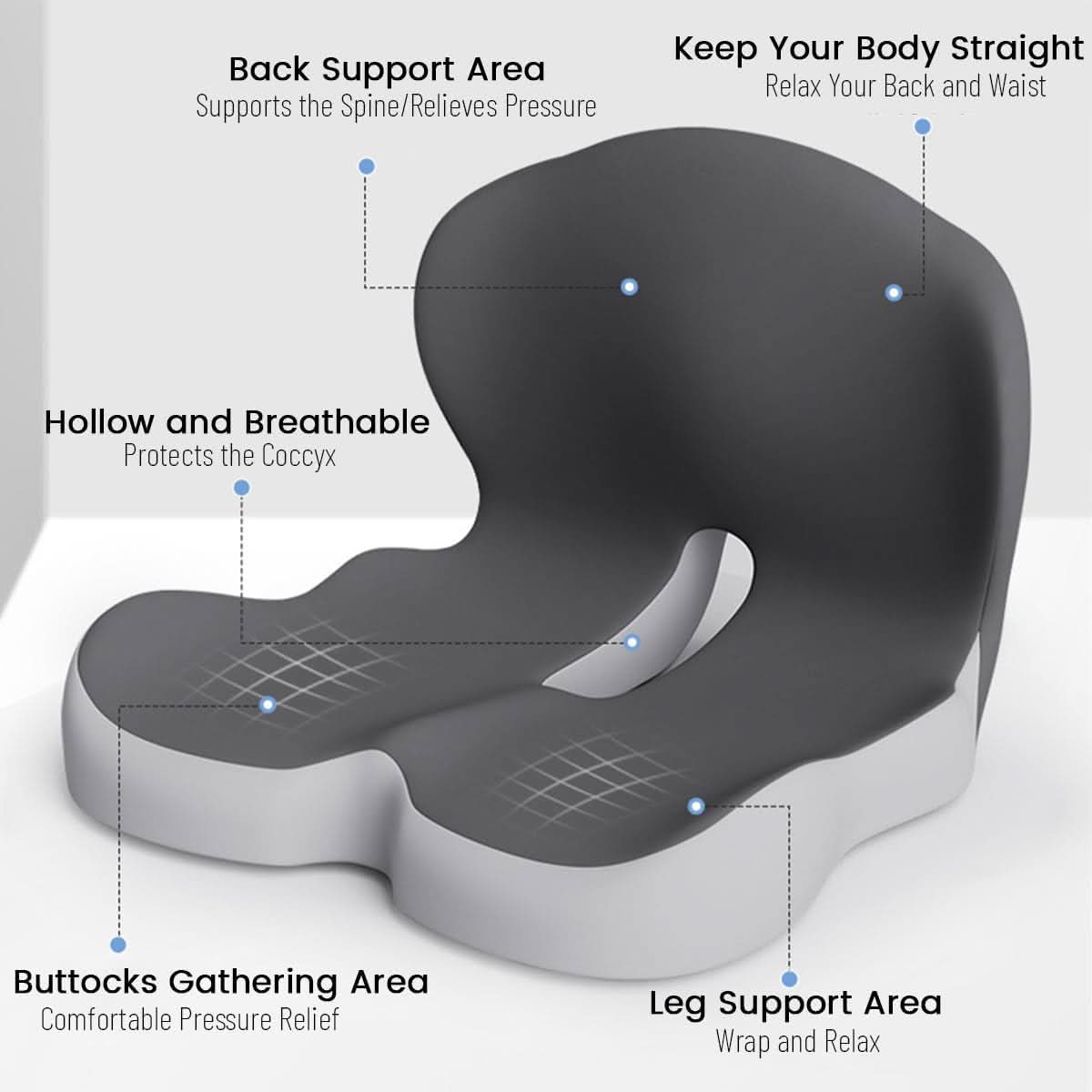 Memory Foam Seat Cushion with Non Slip Base and Machine Washable Cover