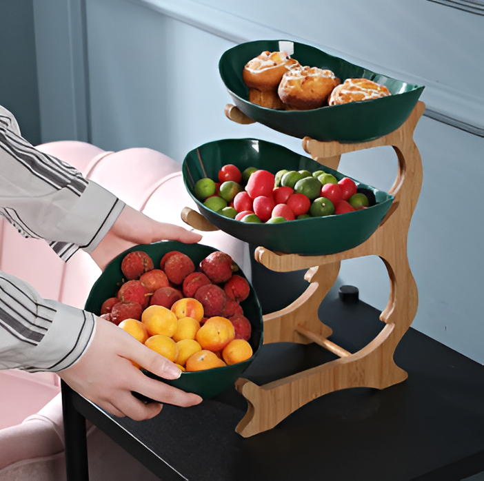 Three-Tier Serving Tray with Wooden Frame and Plastic Trays