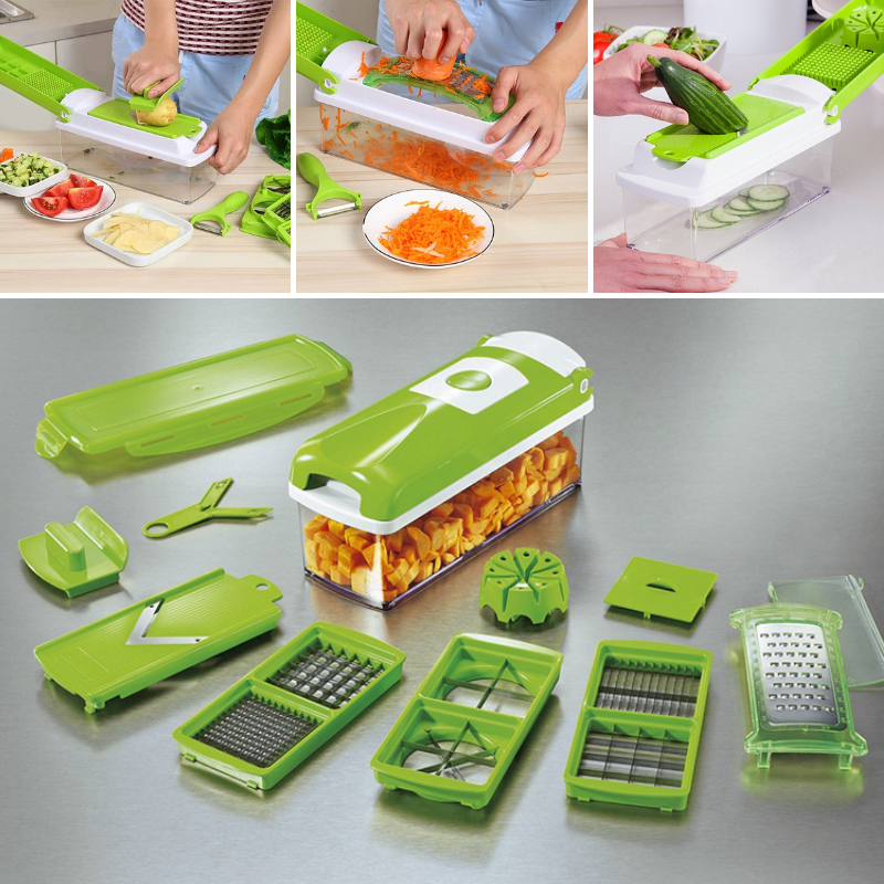 Vegetable Slicer with 8 Interchangeable Blades and Hand Guard, Built-in Container