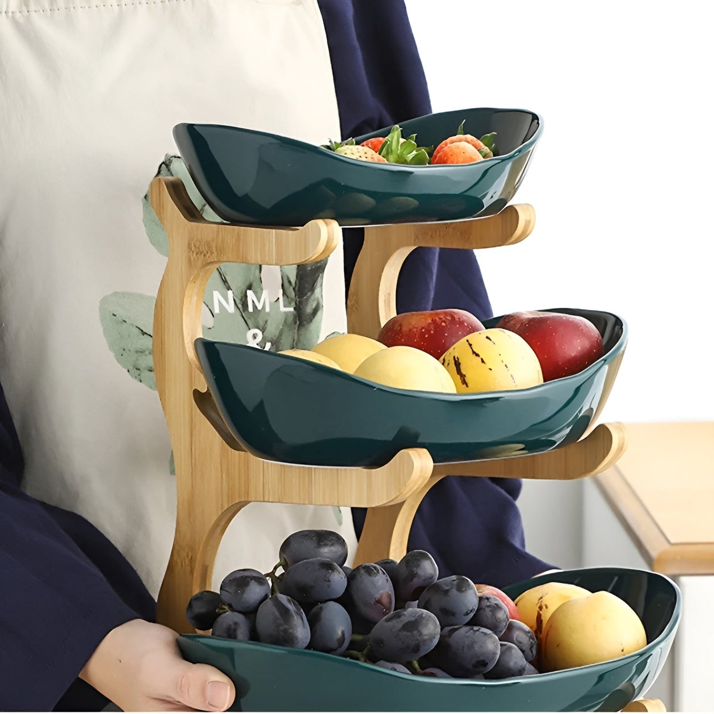 Three-Tier Serving Tray with Wooden Frame and Plastic Trays