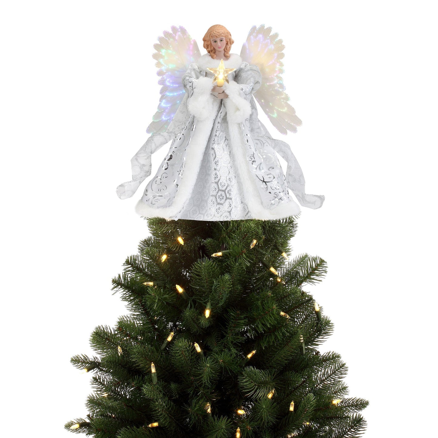 Angel Tree Topper with Animated Fiber Optic Wings and Warm White Star, Adapter Powered