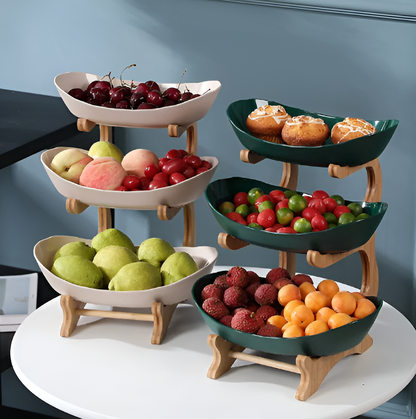 Three-Tier Serving Tray with Wooden Frame and Plastic Trays