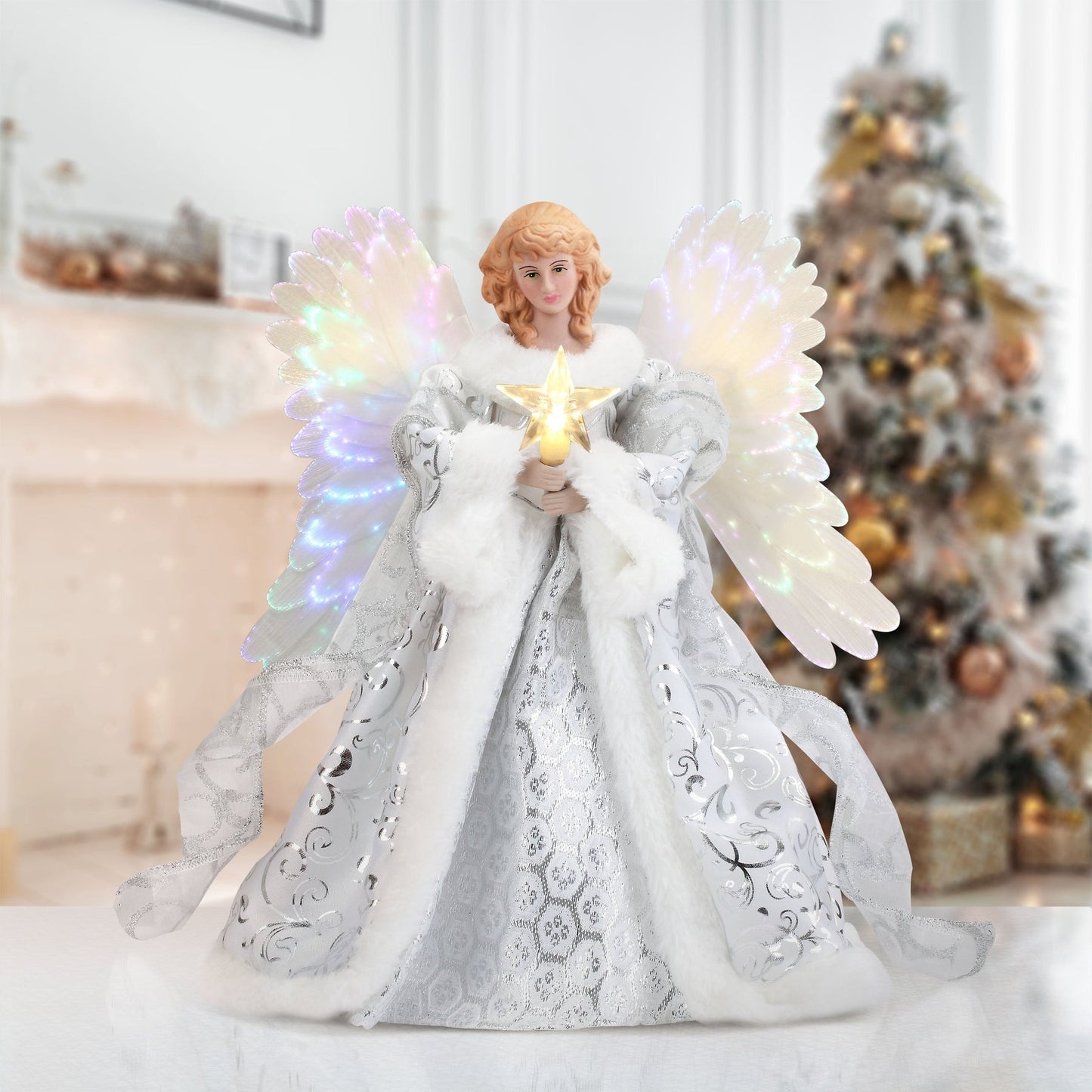 Angel Tree Topper with Animated Fiber Optic Wings and Warm White Star, Adapter Powered